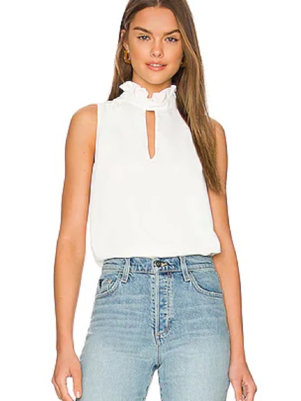 REVOLVE Amanda Uprichard White Ruffled Mock-Neck Keyhole Blouse